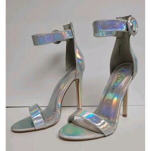 SZ 7 Silver Holographic High Heels Open Toe Ankle Strap Shoe Land Rainbow Sexy